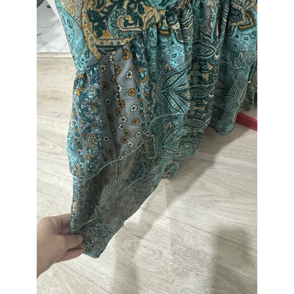 Paisley Print Maxi Dress Long Sleeve Teal Green Bohemian Style - Picture 6 of 7